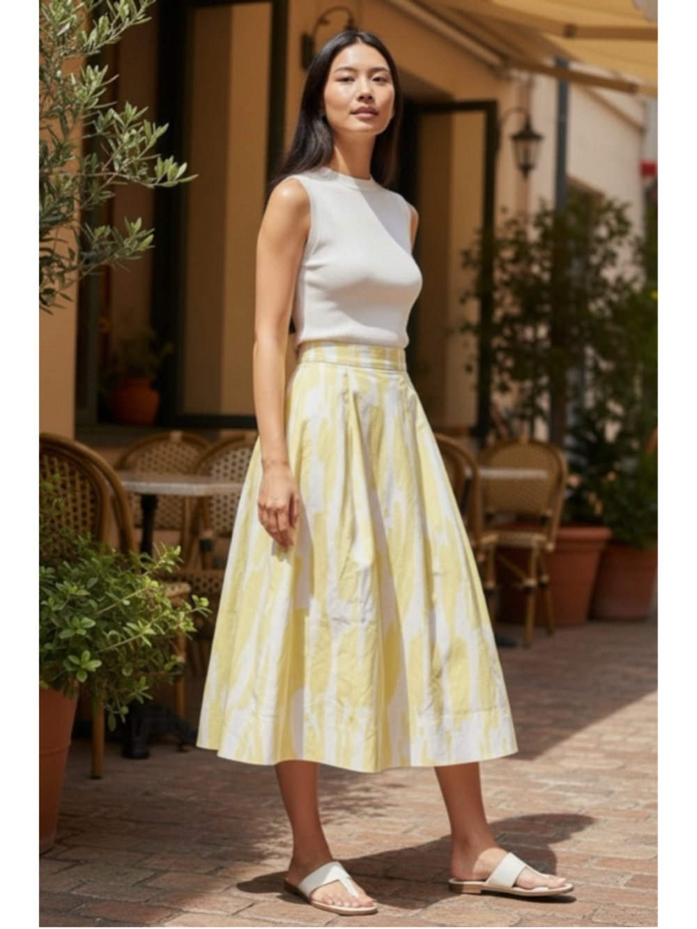 ZARA Yellow White Abstract Print Midi Skirt Summer L - Picture 2 of 5